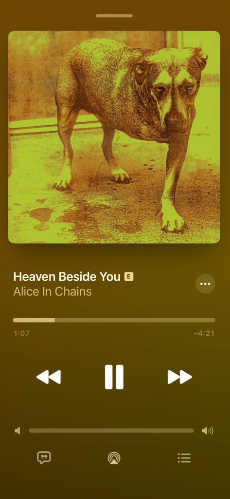 Apple Music playing Heaven Beside You by Alice in Chains — Orchard scrobbles in the background